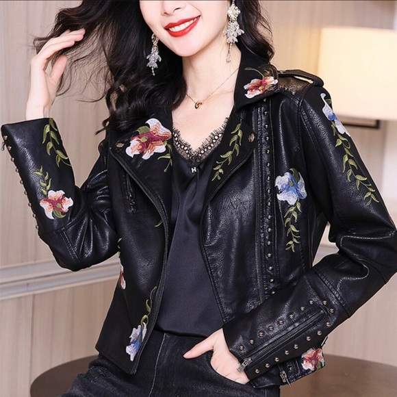 Floral Embroidered Vegan Leather Motorcycle Jacket - Picture 2 of 13